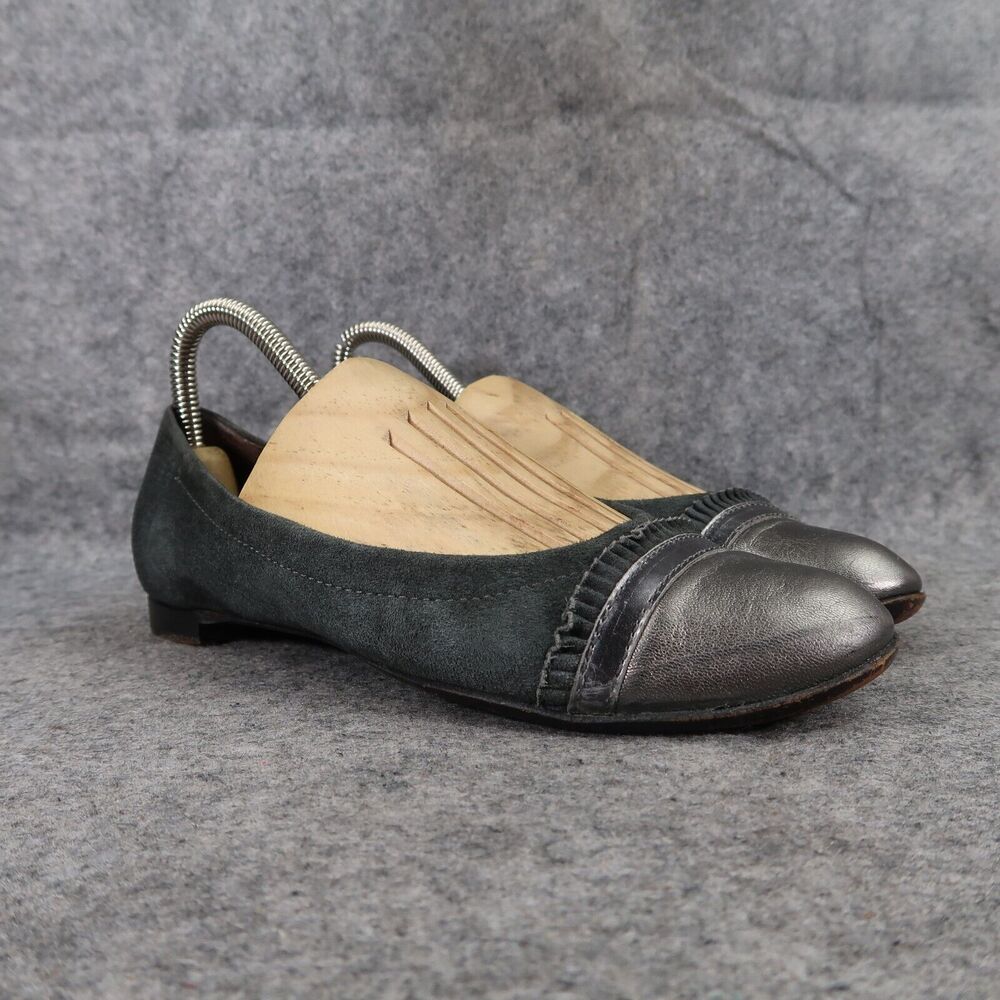 AGL Shoes Womens 36.5 Ballet Flats Ruffle Cap Toe Leather Metallic Fashion Grey